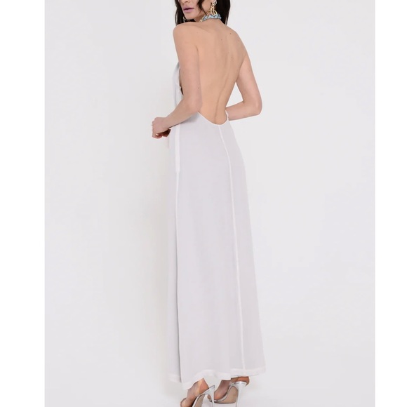 J.DOSI]Turquoise Embellishment Cream Silk Crepe Halter neck Backless Dress - Picture 3 of 16